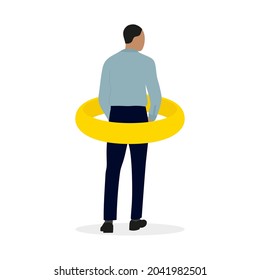 Male character in business attire stands inside a large gold ring on a white background