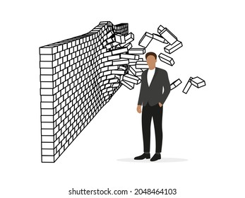 Male character in business attire stands near crumbling brick wall against white background