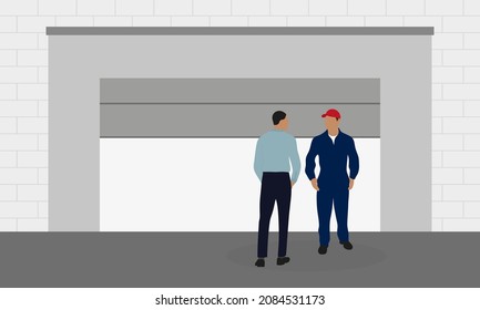 A male character in business attire and a male character in a work uniform are standing near a garage with an automatic gate