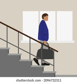 Male character in business clothes and with a bag in hand descends the stairs against the background of a wall with a window