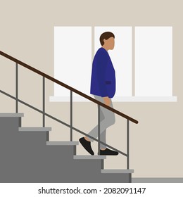 Male character in business clothes going down the stairs against the background of a wall with a window