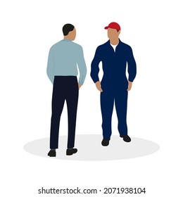Male character in business clothes and worker in uniform together on white background