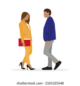 A male character in a business suit and a female character in a business suit and with a folder for documents in hand are standing together on a white background