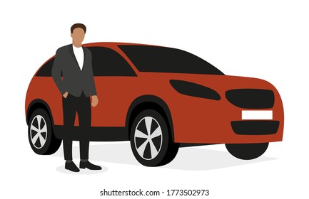 Male character in a business suit and a new crossover on a white background
