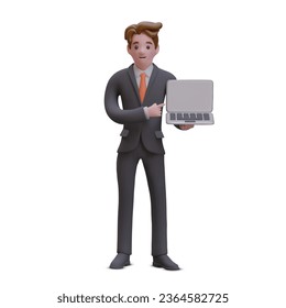 Male character in business suit is showing laptop with blank screen. Businessman makes presentation. Vector mockup for website advertising. Blank space for logo