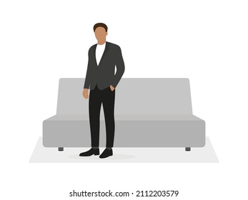 Male character in business suit stands near the sofa on a white background