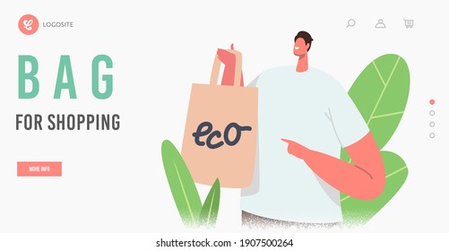 Male Character Buying Food in Reusable Eco Friendly Packing Landing Page Template. Smiling Customer Presenting Paper Bag for Products. Ecology Protection, Recycling. Cartoon People Vector Illustration