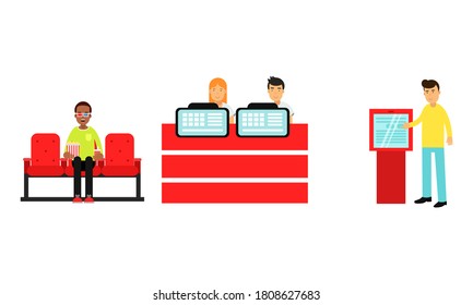 Male Character Buying Ticket in Automated Device and Watching Movie in Cinema Vector Illustration Set