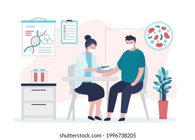 Male character came to take blood test. Nurse in mask taking blood sample for test composition. Concept of medicine and healthcare. Interior design of medical office. Trendy flat vector illustration