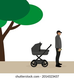 Male character with a can of beer in his hand stands near a baby carriage outdoors
