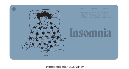A male character can't sleep suffering from insomnia, headache, downed regime. Landing Page Template. A man suffers from insomnia. Vector illustration on an isolated background. Doodle style.