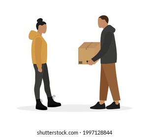 Male character with cardboard box in hands and female character together on white background