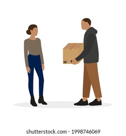 Male character with cardboard box in hands and female character are standing together on white background