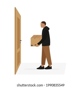 Male character with a cardboard box in his hands stands in front of the door on a white background