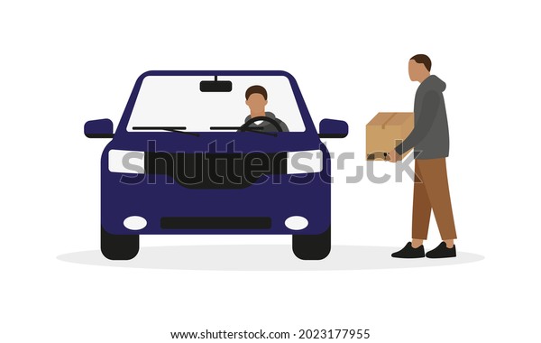 Male character with a\
cardboard box in his hands stands near a car with a driver on a\
white background