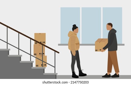 A male character with a cardboard box in their hands and a female character are standing near the stairs against the background of a wall with a window