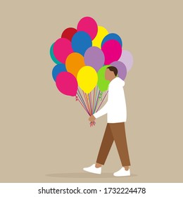 Male character carries a bunch of balloons