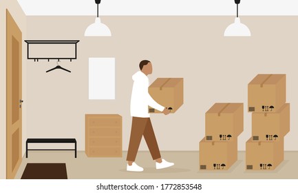 Male character carries a cardboard box to other boxes in the hallway