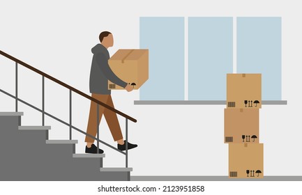 Male character carries cardboard boxes down the stairs on the background of a wall with a window