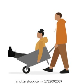 Male character carries a female character in a wheelbarrow