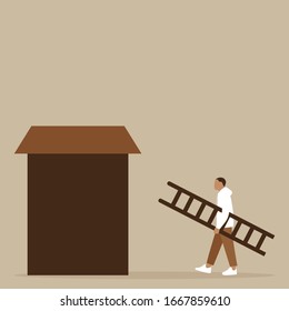 Male character carries a staircase to the house