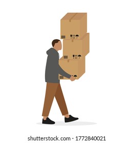 Male character carries three large cardboard boxes on a white background