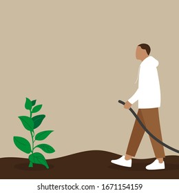 Male character carries a water hose to a plant