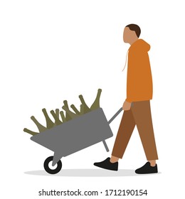 Male character carries a wheelbarrow full of bottles