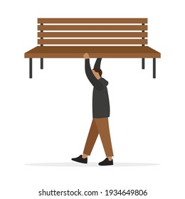 Male character carries a wooden bench in his hands on a white background