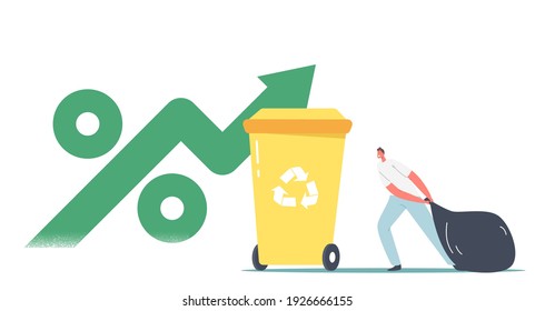 Male Character Carry Bag Trash to Litter Bin with Recycle Sign and Huge Green Arrow with Percent Symbol. Stop Pollution, Co2 Tax Concept, Ecology Problem Solution. Cartoon Vector Illustration