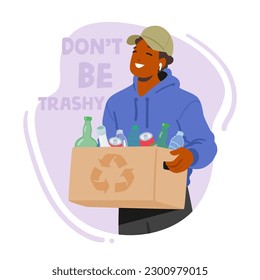 Caja de caracter masculino con botellas para reciclaje. Ordenación De La Basura En Binas De Reciclaje Separando Los Desechos Y Reduciendo El Impacto Ambiental Mediante El Reciclaje De Materiales. Ilustración de vectores de personas de caricatura