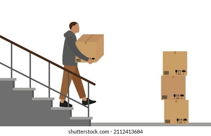 Male character carrying cardboard boxes down stairs on white background