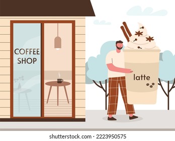 Male character carrying coffee in paper cup. Latte with spices. Takeaway drinks. Hot delicious drink with whipped cream. Little man is holding coffee in hands. Cityscape and cafe building.