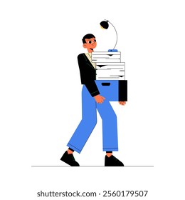 Male Character Carrying Stack Of Documents With Desk Lamp In Flat Vector Illustration Symbolizing Heavy Workload, Office Tasks, And Responsibility, Isolated On White Background