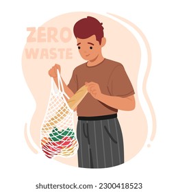 Male Character Carrying String Bag Full Of Groceries, Environmentally Conscious, Practical, Reusable, Sustainable, Shopping, Minimalistic Zero Waste Lifestyle. Cartoon People Vector Illustration