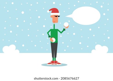Male character in cartoon style with snowballs, green sweater and Santa hat, modern illustration, vector size, modern.