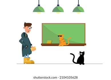 Male character in cartoon style and two cats, school board and lamps, vector size, background, modern illustration.