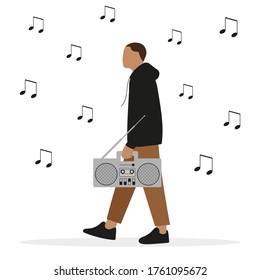 Male character with cassette recorder in hand and music notes on a white background