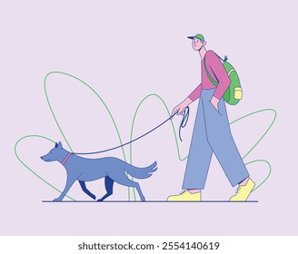 Male Character in casual clothes walking a dog. Dog with a collar walking alongside. Backpack and hat. Isolated composition with abstract green background lines. Flat Vector Illustration. 