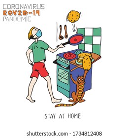 Male character and cat resting and cooking at home. Man spending time with their domestic animal. Self-Care During the Coronavirus Pandemic. Hand drawn cartoon colorful vector illustration.
