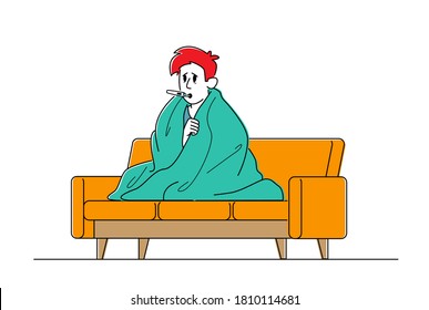 Male Character Caught Flu Concept. Unhappy Sick Man Sitting on Sofa Wrapped to Plaid Having Fever Measuring Temperature with Mouth Thermometer. Seasonal Disease Health Care. Linear Vector Illustration