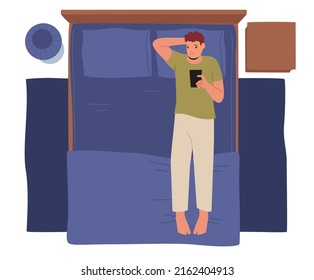 Male Character with Cellphone in Hands Lying in Bed Top View. Mobile Phone Communication Concept. Man with Gadget Addiction, Insomnia, Internet Online Chatting. Cartoon People Vector Illustration