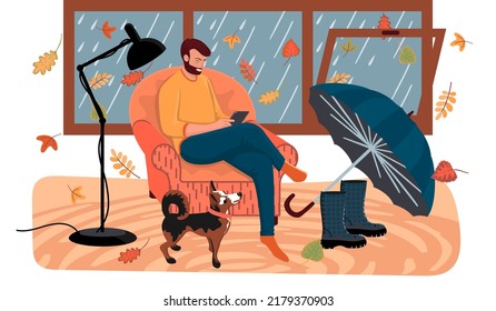 Male Character In A Chair After A Walk In The Rain.Man With A Smartphone Indoors With An Open Window.Flying Leaves, Umbrella, Boots, Floor Lamp And Dog.Autumn Vector Flat Illustration Background.