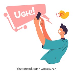 Male character chatting, communicating online and expressing emotions and ideas. Man likes content, sticker of ugh feeling. Social media and reaction on bad internet pages. Vector in flat style