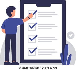 A male character with a checklist document. Flat vector illustration
