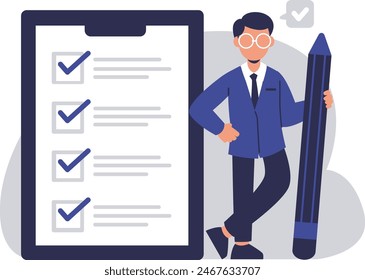 A male character with a checklist document. Flat vector illustration