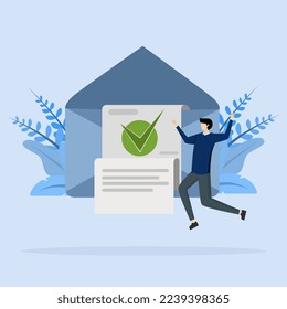 männliches Zeichen mit markiertem Dokument in Umschlag. Konzept der Bestätigung, Annahmeerklärung oder Genehmigung, Prüfung. Moderne flache Vektorgrafik für Webseiten.