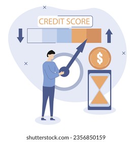 A male character checks his credit capabilities. Concept of personal credit score information and financial rating.