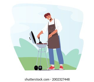 Male Character in Chef Apron Frying Sausages on Barbecue Machine at Front Yard Spend Time on Outdoor Bbq. Man Cooking Meat on Fire and Having Fun at Summer Time. Cartoon People Vector Illustration