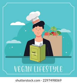 Male character with chef hat and vegetables Vegan lifestyle Vector